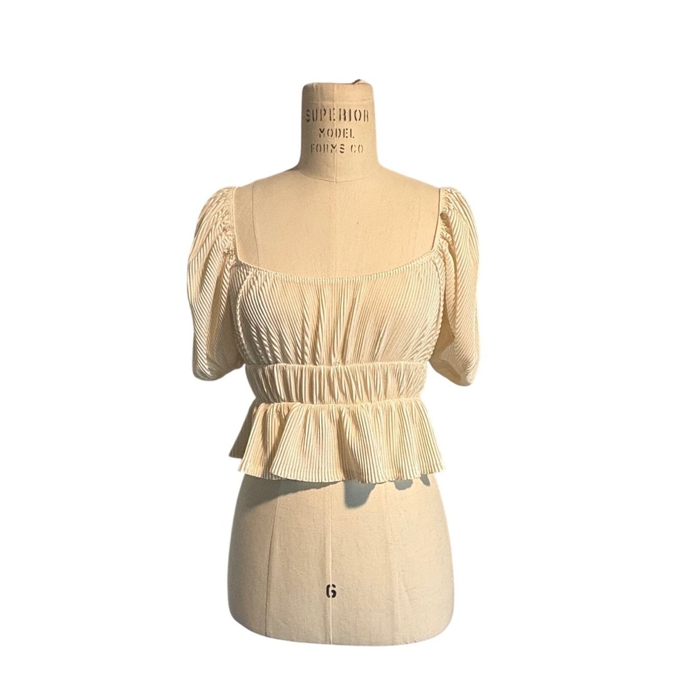 Cream Puff Sleeve Crop Top Smocked Peplum Blouse Victorian Peasant Boho Small